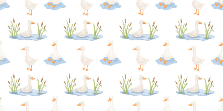 Seamless pattern with cute goose or duck in water, baby animal, watercolor illustration for kids and nursery