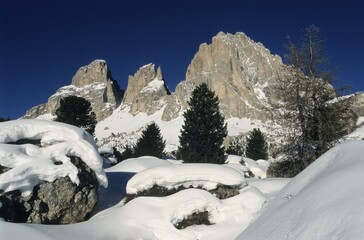 Mt. Langkofel aka Mt. Sasso Lungo in winter, Dolomites, Bolzano-Bozen, Italy, Europe