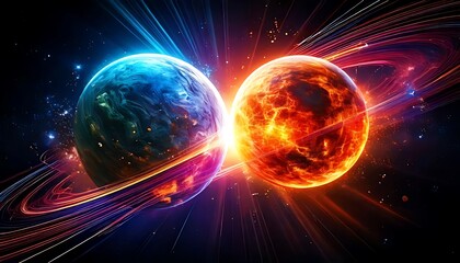 Obraz premium Two iridescent planets collide, trailing luminous streams and glittering cosmic debris.