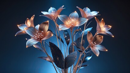 A futuristic bouquet of hybrid flowers that combine organic and synthetic elements