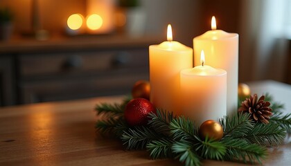 Festive Candlema Scene: Three White Candles on a Wooden Table with Green Leaves and Decorative Balls