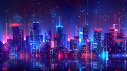 Naklejka premium A futuristic cityscape with neon lights and reflections in the water.