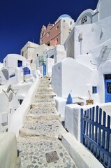 Stairway with typical Cycladic architecture, Oia, Ia, Santorini, Cyclades, Greece, Europe