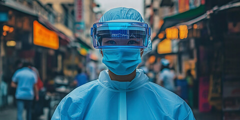 Obraz premium A healthcare worker in protective gear, including a face shield and mask, stands in a busy outdoor setting, symbolizing pandemic safety and health measures