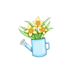 three spring flowers in a blue watering can