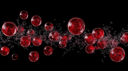 Red Spheres with Internal Structures Splash and Float Dynamically on a Black Background