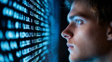 Young Caucasian man intensely looking at digital code display against blue background. Perfect for cybersecurity awareness, IT education, and programming concepts visualization.