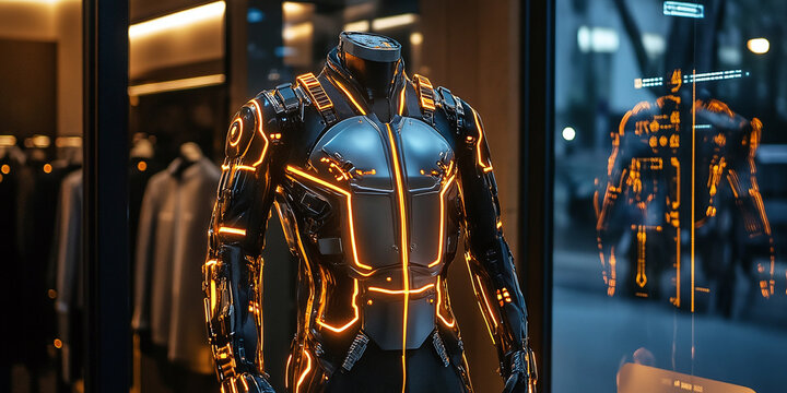 A futuristic exosuit with glowing orange circuits is displayed in a modern setting, highlighting cutting-edge technology in wearable robotics and design.
