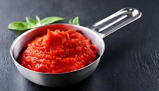 Two tablespoons of thick tomato paste sit in a measuring spoon or bowl