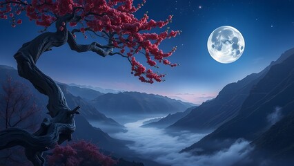 surreal night landscape mountains and blossom with moon