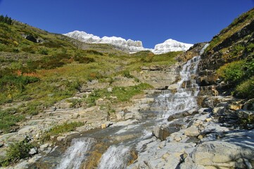 Fototapeta premium Waterfall at Logan Pass, main attraction of Glacier National Park, Montana, USA, North America