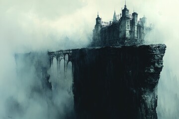 Foggy clifftop castle under construction, eerie scene.