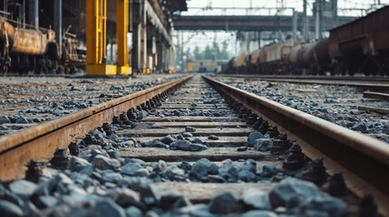 Obraz premium Industrial railway tracks in urban setting with dramatic perspective. Suitable for transportation infrastructure, urban development, and industrial photography.