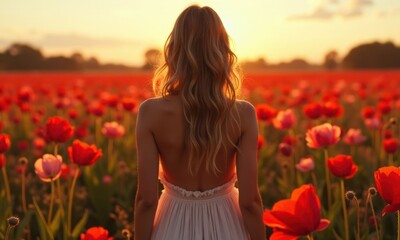 Woman stands back to a field of red flowers in a light summer dress. Concept of tranquility, serenity, and romance