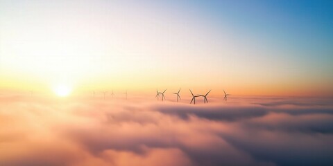 Obraz premium A breathtaking aerial view of towering wind turbines emerging through a thick layer of morning fog