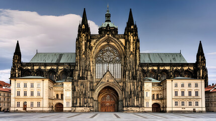 Fototapeta premium Majestic Cathedral Stands Tall with Gothic Architecture and Intricate Details Under a Cloudy Sky
