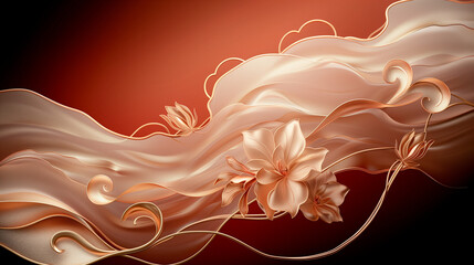 Luxurious Chinese 3D Silk Floral Design in Red and Gold