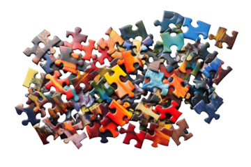 pile of different puzzle pieces isolated on transparent white background