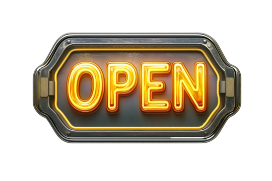 black retro "OPEN" sign with neon tubing isolated on transparent white background