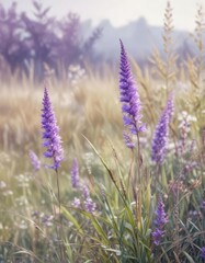 Naklejka premium Soft and elegant watercolor painting of purple grass flowers, nature, grass, purple, soft, watercolor