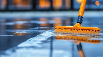 Orange cleaning brush reflection in wet surface. Perfect for cleaning services, maintenance, and professional janitorial concepts.