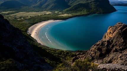 Fototapeta premium Secluded Cove Paradise: Breathtaking Aerial View of a Hidden Beach Nestled in Lush Mountains