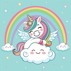 Cute humble unicorn with horn and wings hugs cloud. Poster, Banner, Flyer, Greeting Card. Vector illustration in flat cartoon style