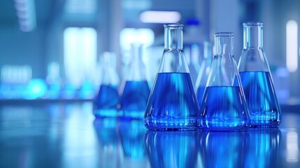 Laboratory Scene Featuring Blue Liquid in Glass Flasks with Scientific Equipment in Background