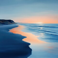 Fototapeta premium Serene sunset beachscape, calm ocean waves reflect sky hues.