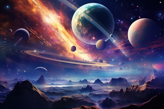 Celestial exploration cosmic planets outer space digital art sci-fi vast view