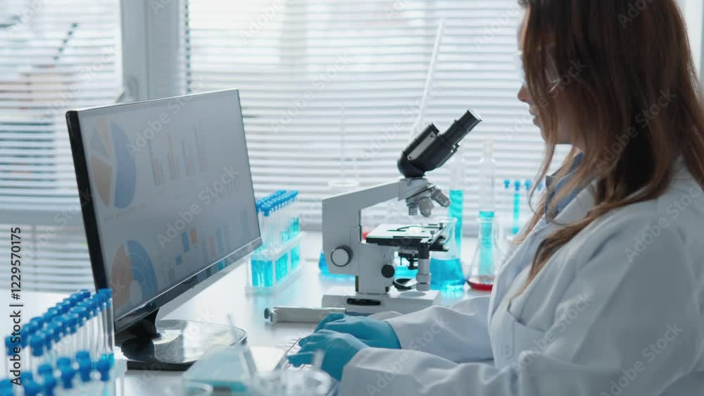 Poster An experienced scientist analyzes complex data sets in a modern lab, conducting significant biomedical research and biotechnology, using detailed charts and graphs to present findings