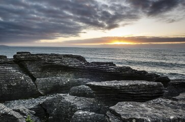 Sunset at Pancake Rocks, Paparoa National Park, Punakaiki, South Island, New Zealand, Oceania