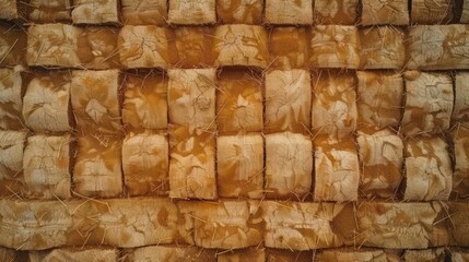 Obraz premium Close-up view of stacked hay bales in a rural setting, showcasing texture and natural colors