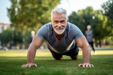 Determined senior man performing push ups on grass in park, demonstrating commitment to fitness and active lifestyle