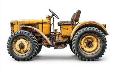 Old yellow tractor isolated on white, agriculture concept