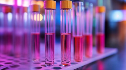 Laboratory test tubes with pink liquid samples. Perfect for scientific research, medical testing, and laboratory work.