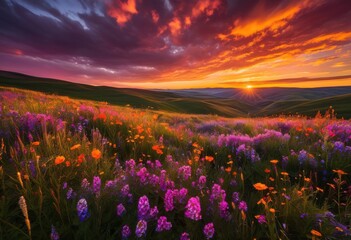Fototapeta premium vibrant fields bathed golden light beneath dramatic sunrise skies full colorful clouds atmosphere, sky, landscape, nature, greens, yellow, orange, texture