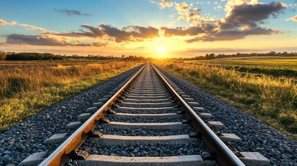 Fototapeta premium Railway tracks leading to sunset horizon. Suitable for travel concepts, journey metaphors, and transportation themes.