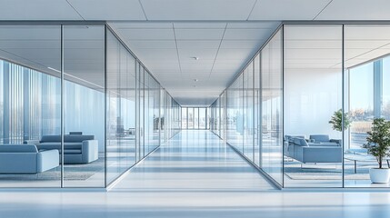 Modern office hallway, city view, glass walls, calm workspace