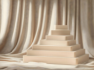 Naklejka premium Beige Steps Podium Display with Draped Sheer Fabric Background Elegantly Presents Products