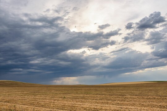 Dramatic clouds over an open field