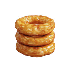 A stack of three shiny golden glazed donuts against a black background.