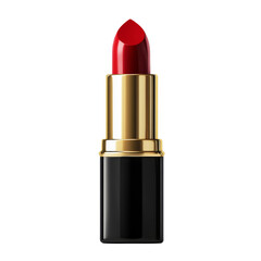 Obraz premium A single tube of vibrant red lipstick with a black and gold case is shown against a black background.
