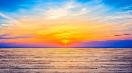 Obraz premium Vivid Sunset Sky Paints the Horizon with Vibrant Colors over a Wooden Deck