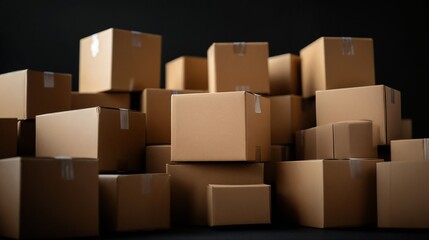 Fototapeta premium Stack of cardboard boxes in dark setting. Perfect for moving, storage, and shipping concepts.