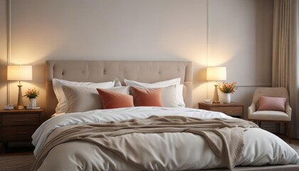 Softly lit bedroom with a plush bed and pillows in neutral colors, soft light, pillow,