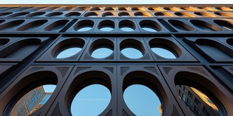 A close-up architectural shot of an intricate modern facade featuring interlocking circular metal patterns