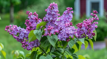 Vibrant lilac flowers in full bloom against a green garden backdrop with a rustic house
