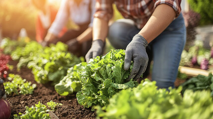 Hands in gloves harvest fresh lettuce in a sunny field, symbolizing sustainable agriculture, healthy eating, and organic farming.