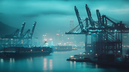 A cargo port with cranes and ships under misty, glowing lights highlights global trade, logistics, and industrial efficiency.